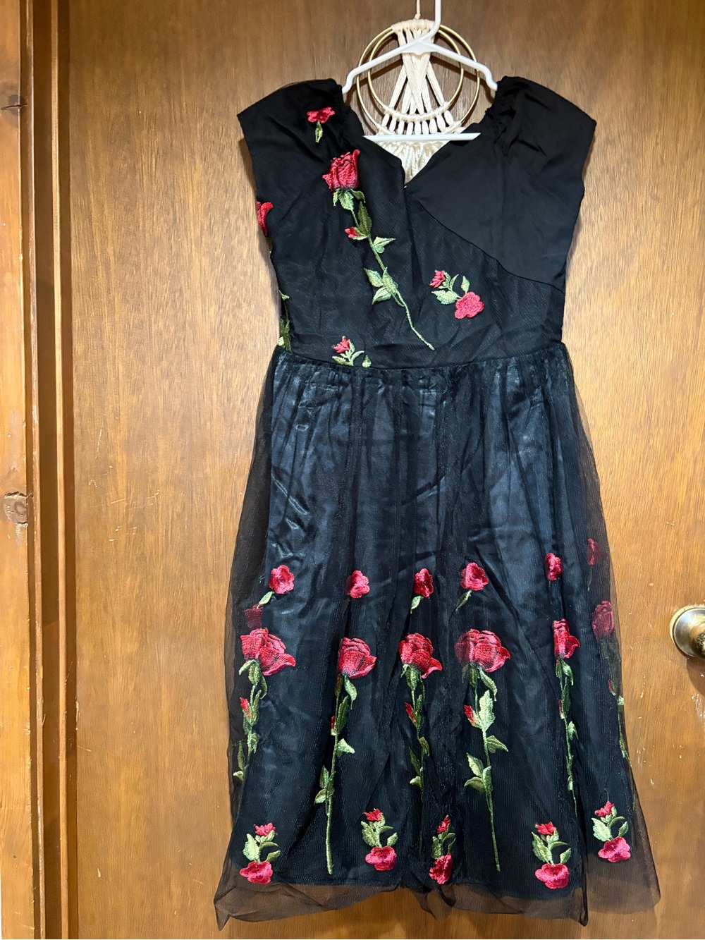 Black Formal Dress with Red Rose Embroidery